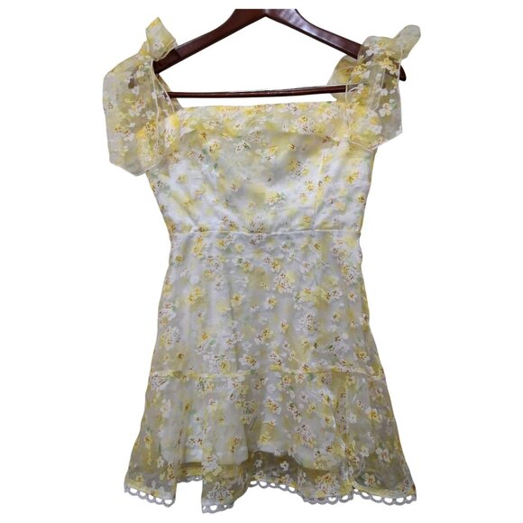 Lucy In The Sky Yellow & White Floral Tie-Up Mini Dress S Party Event - Picture 3 of 9